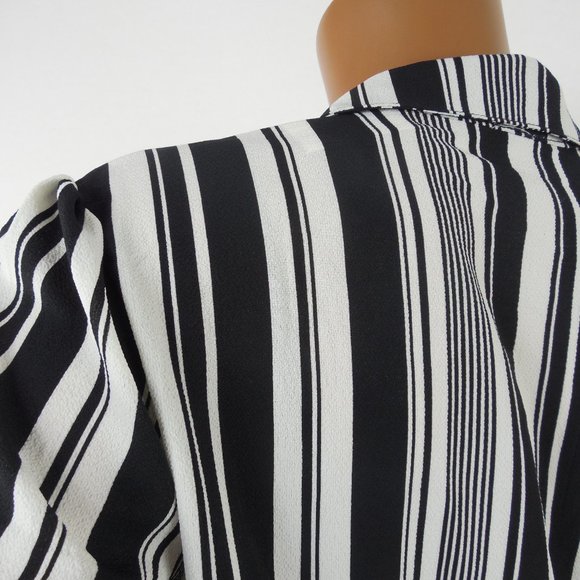 DRESSBARN Top M Black/White Striped Blouse NWT Hi/Low Stretch Roll Tab Long Slvs - Picture 9 of 11
